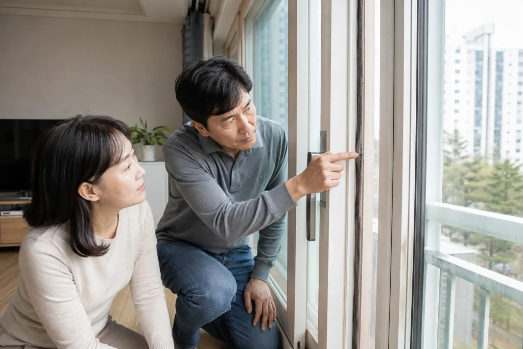 샷시 모헤어 교체 후 바람 확인을 위한 창호 상태 점검